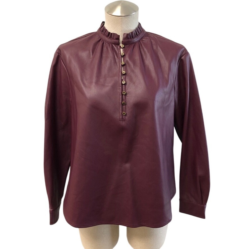 Pilcro Faux Leather Blouse Womens XS Wine Ruffle Neck Button Front Dark Academia